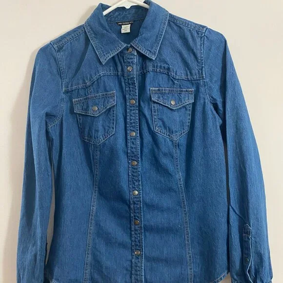 Guess Denim Long-Sleeve Blouse, S - Picture 1 of 8